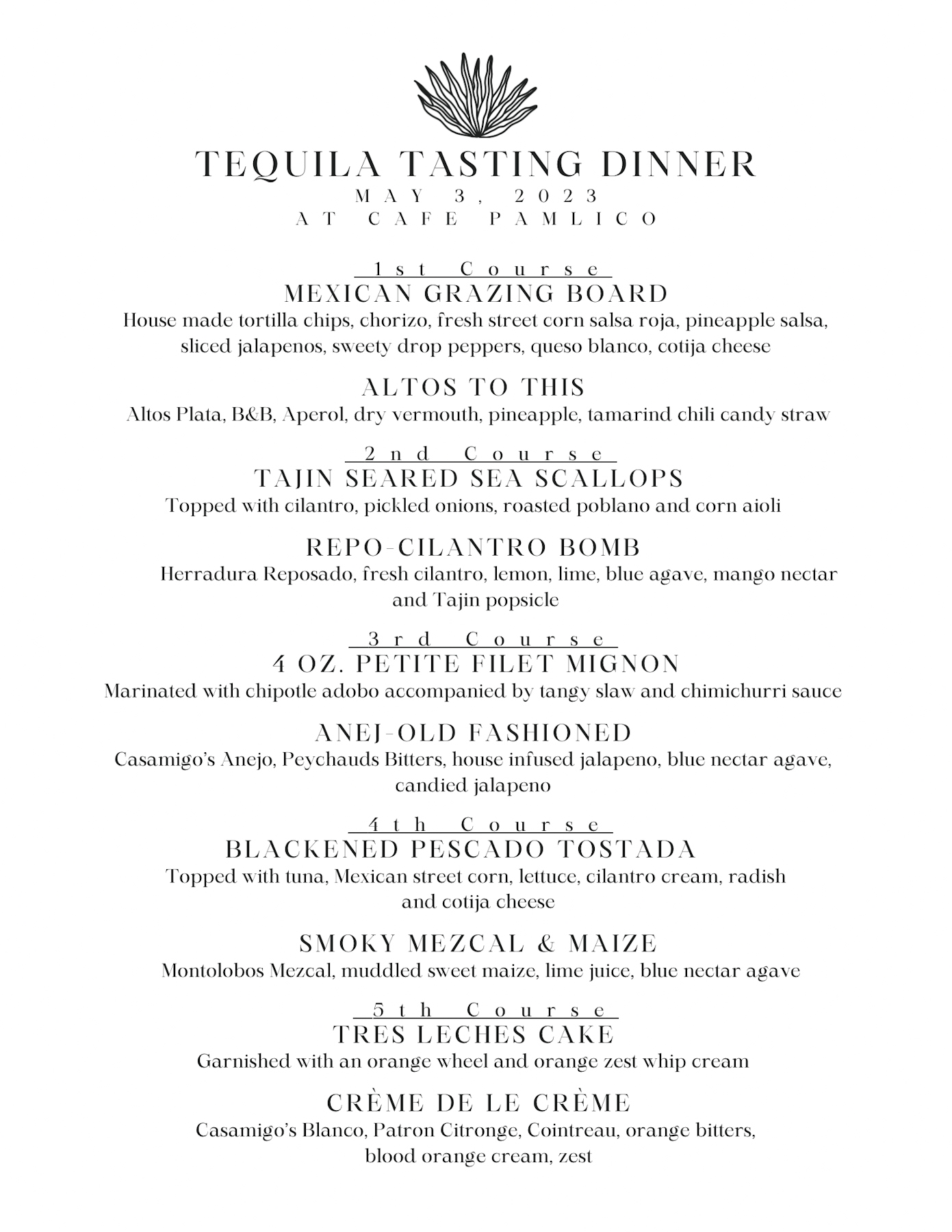 Tequila Tasting Dinner May 3 2023 at Cafe Pamlico